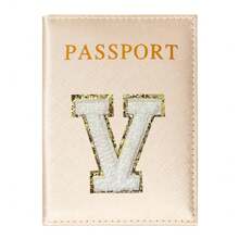 Cheille女性字母護照套,pu皮革護照套,輕盈id信用卡商務卡片收納袋套,青少年用護照封面袋,印花護照袋,適用於旅行或返校,護照錢包,假期度假護照包,學生旅行必備品 - 金色 - 查看 25