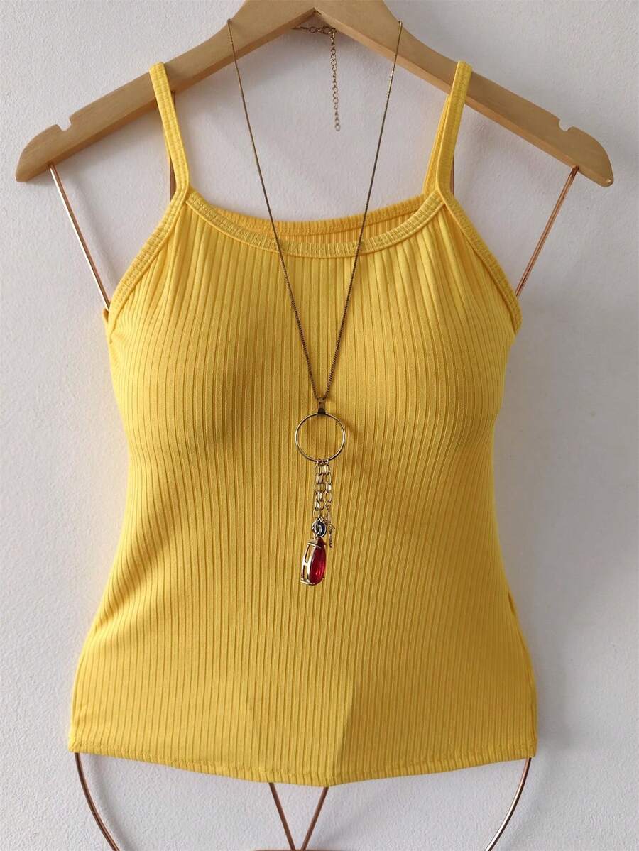 Women's Thin Strap Ribbed Tank Top With Padded Cup - Amarillo - Ver 1