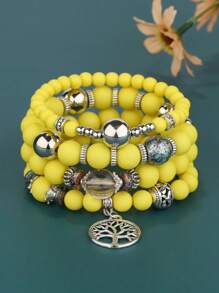 4pcs/set Tree Detail Round Charm Beaded Bracelet - Purple - View 14