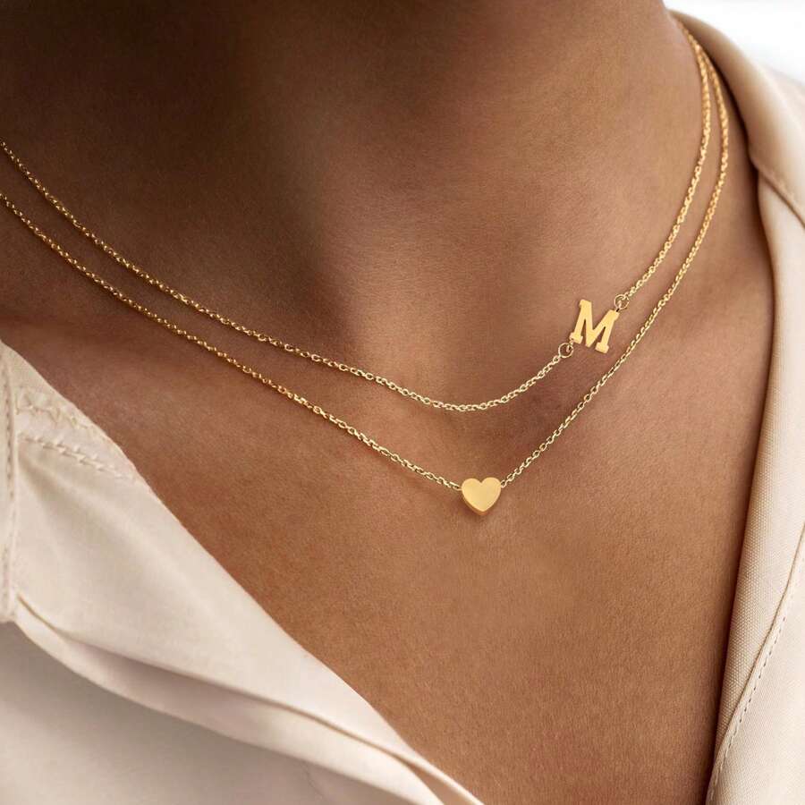2件套经典不锈钢心形字母吊坠项链，可叠戴，女士款 - 金黃色 - 查看 1