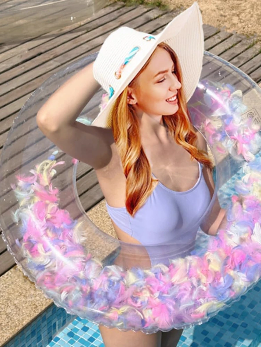 Aros inflables de natación en forma de corazón con plumas, aro de natación transparente, flotador de piscina, accesorios de fiesta en playa para adultos - transparente - Ver 1