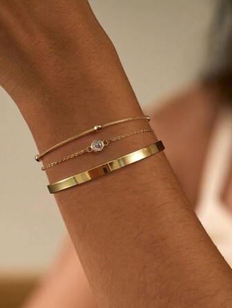 Set Of European & American Style Adjustable Stainless Steel Zirconia Teardrop Bracelets For Women