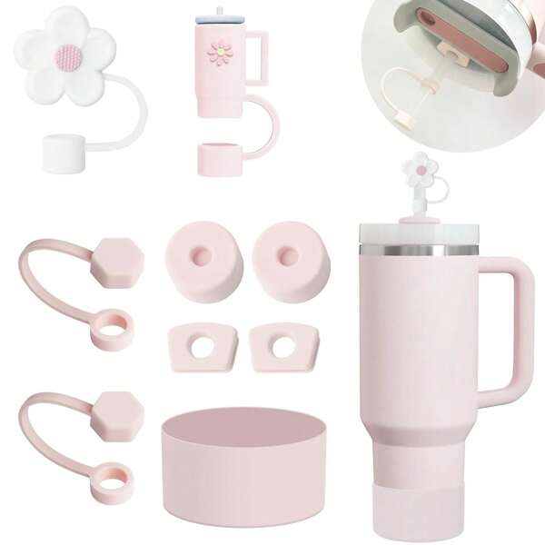 Juego de 9 accesorios para taza, que incluye 6 tapones antiderrame de silicona, 2 tapas para cubrir pajitas de 9-10 mm, y 1 bota de silicona para tumbler de 40oz y 30oz