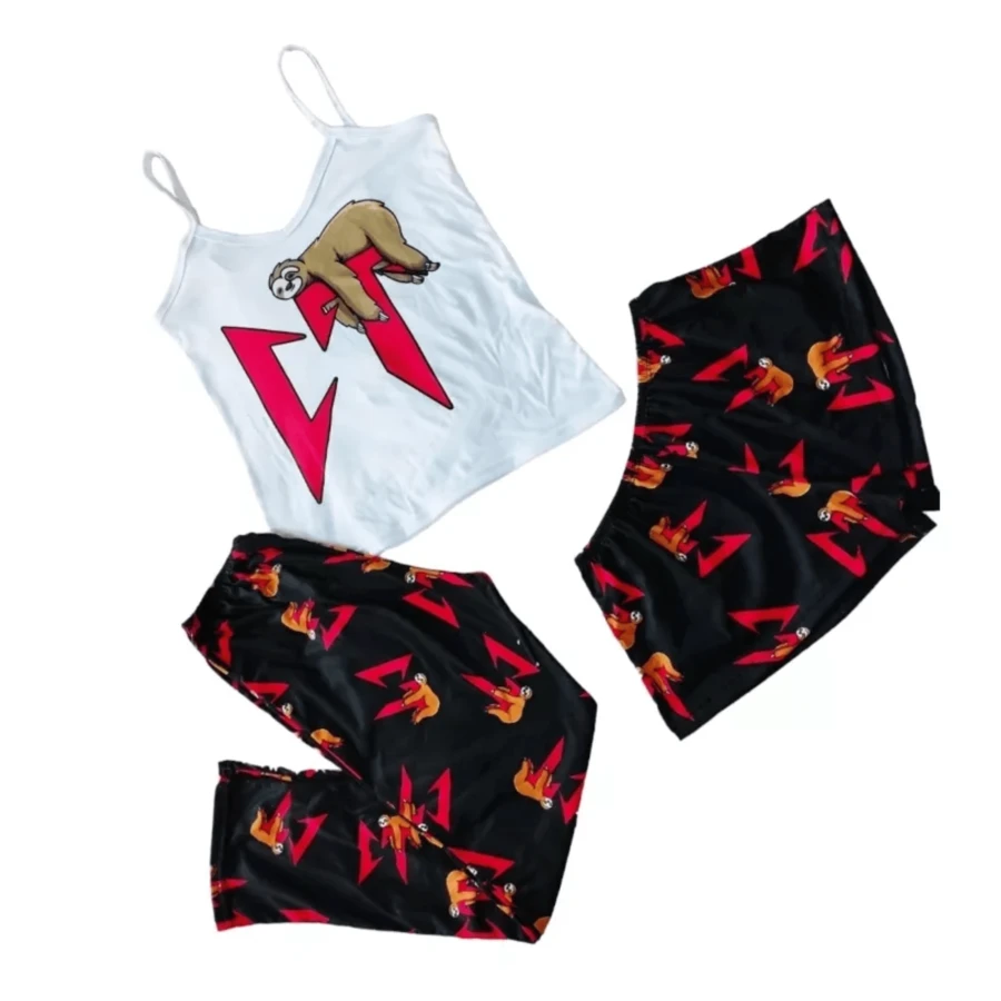 Pijama para Dama 3 piezas CT Corridos Tumbados Perezoso durmiendo Natanael moda Blusa + Short + Pantalón Polar - Negro - Ver 1