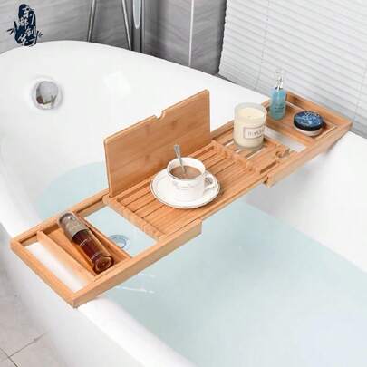 1pc Retractable Bamboo Bathtub Tray, Expandable Bathtub Storage Rack, Anti-Slip Storage Tray, Household Bath Holder For Mobile Phone Notebook, Storage Of Bathing Supplies, Bathroom Accessories, Bathtub Accessories, Bathroom Storage And Organization