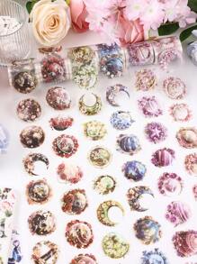 6 cuộn/Bộ nhãn dán họa tiết trái đất, mặt trăng và vòng hoa sáng tạo từ Starry Flower Dream PET Chất liệu chống nước và chống mài mòn, hoàn hảo cho nhật ký, album ảnh, trang trí điện thoại di động và máy tính - Nhiều màu - Xem 1