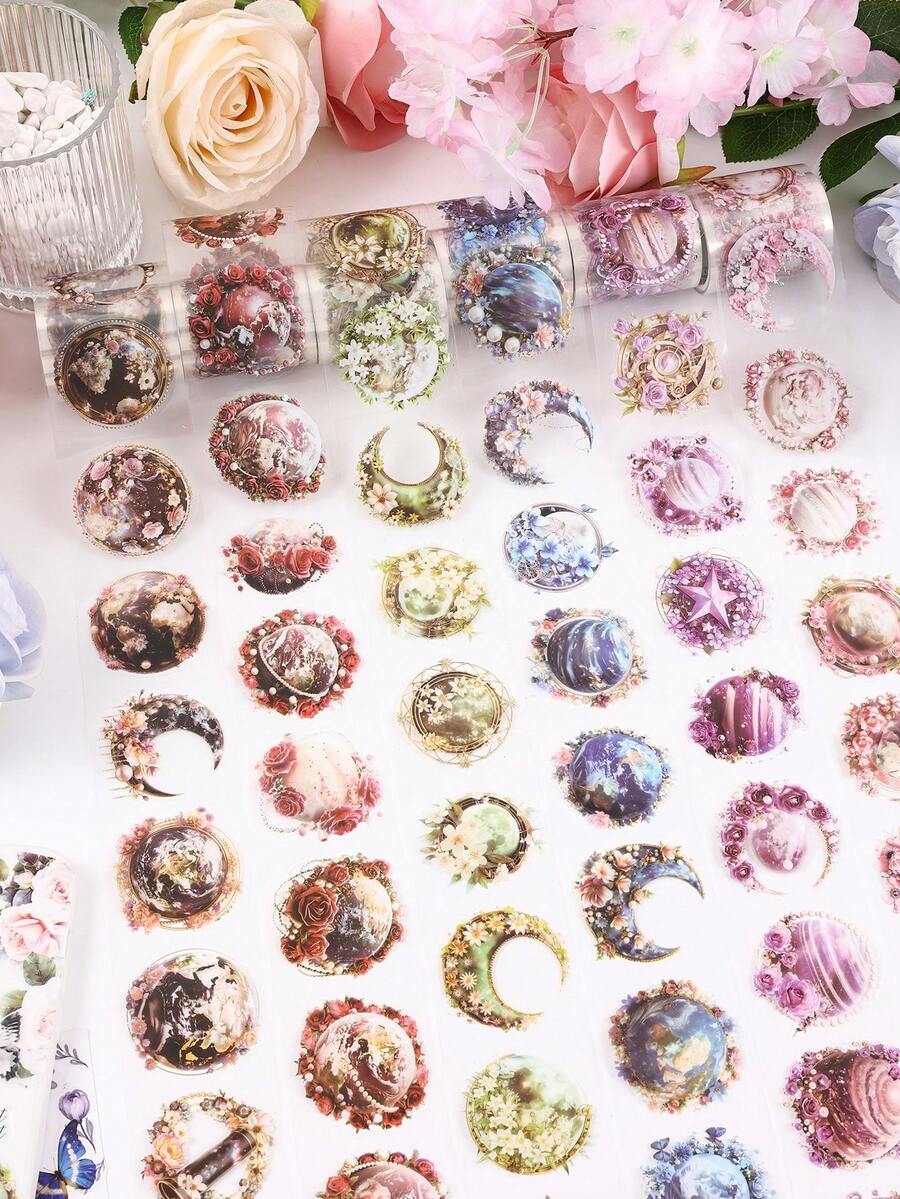 6 cuộn/Bộ nhãn dán họa tiết trái đất, mặt trăng và vòng hoa sáng tạo từ Starry Flower Dream PET Chất liệu chống nước và chống mài mòn, hoàn hảo cho nhật ký, album ảnh, trang trí điện thoại di động và máy tính - Nhiều màu - Xem 1