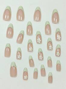 Minimalism Cute White Flower Green Border 3D French Sweet Style 24Pcs Medium To Long Almond-Shaped False Nails Set, Suitable For Office Ladies, Daily Dates, Afternoon Tea, And Outdoor Activities Press On Nails Nail Supplies Nails