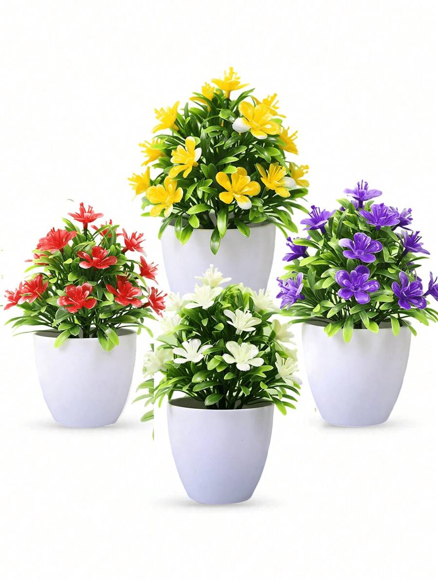 4pcs Small Fake Plants Mini Artificial Faux Plants With Flowers For Home Room Office Farmhouse Bathroom Table Shelf Decor Indoor,Wedding Party, Spring Decorations. - Multicolor - View 1
