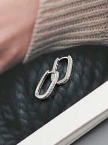 HuooNew 1pair High-Grade 925 Sterling Silver Micro-Inlaid Zirconia Elliptical Square Earrings Gender-Neutral Silver Jewelry Gift - Silver - View 3