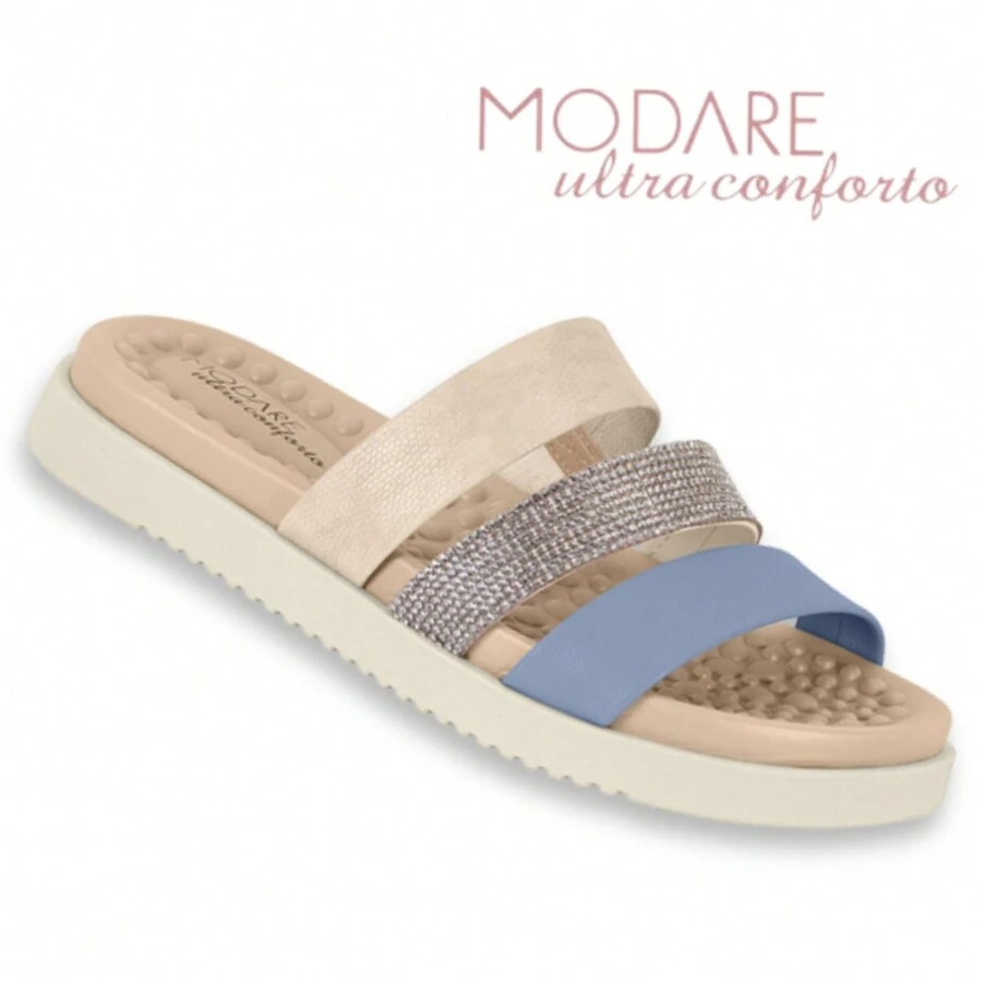 Papete Modare Original Flat Sandal Papete Flat Feminina Strass Flat - Krem/Denim - View 1