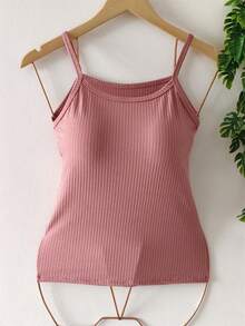 Women's Thin Strap Ribbed Tank Top With Padded Cup - Berwarna merah muda - View 1