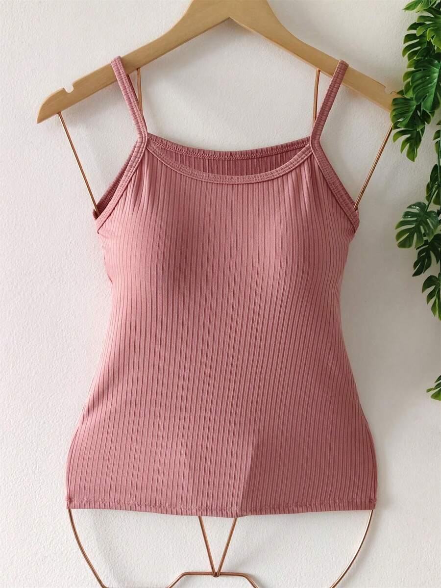 Women's Thin Strap Ribbed Tank Top With Padded Cup - Berwarna merah muda - View 1