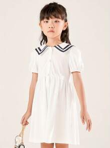 Annil Mädchen Tweens Kleid mit Kragen und Kurzarm, Sommer Velours Langarm T-Shirt Kleid, süßer marineblauer Stil