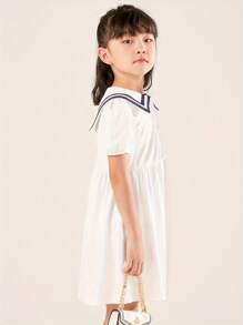 Annil Mädchen Tweens Kleid mit Kragen und Kurzarm, Sommer Velours Langarm T-Shirt Kleid, süßer marineblauer Stil