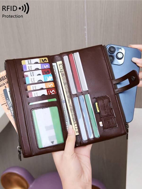 CHARM INFINITE Carteira Feminina Bifold de Grande Capacidade com Bloqueio RFID, Zíper Retrô em Couro Macio com Múltiplos Compartimentos para Cartão e Janela de Identificação para Cartão de Crédito/Identidade/Dinheiro/Celular, Detalhe Acolchoado, Bolsa Clutch para Uso Empresarial e Casual para Mulheres