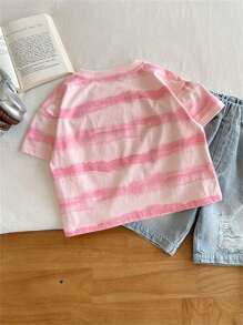 小男孩夏季新款衣服粉色条纹短袖男女通用字母T恤 - 粉色 - 查看 2