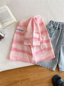 小男孩夏季新款衣服粉色条纹短袖男女通用字母T恤 - 粉色 - 查看 4