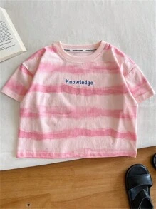 小男孩夏季新款衣服粉色条纹短袖男女通用字母T恤 - 粉色 - 查看 3