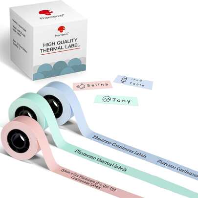 Phomemo Fita de Etiqueta Contínua de 3 Rolos Phomemo D30, Rolo Térmico de Etiqueta Contínua Preta em Papel Térmico Colorido Auto-Adesivo Para Irregularidades e Frascos, Etiqueta para Impressoras Térmicas, Etiqueta de Papel 100%, Papel Térmico Multiuso Resistente à Água, Óleo e Fricção com Durabilidade Vitalícia, Etiqueta Direta Suave e Multiuso em Papel Térmico, D30 Etiqueta para Casa, Cozinha, Caixa de Remédios, Escritório, Escola, Lojas, Organização, Impressora Portátil de Etiquetas para Etiqueta de Item, Etiqueta de Produto, Etiqueta de Preço, Etiqueta de Arquivo, Etiqueta de Garrafa de Cozinha e Etiqueta de Remédios, 3 Rolos em 1 Caixa, Etiqueta a Laser Não cortada | Etiquetas Contínuas Preto em Azul/Verde/Rosa, 15mm x 6m, 0,59" x 23,62", 3 Rolos