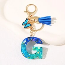 1pc Blauw Informeel Dames Schattig Kwastje Vlinderhanger Sleutelhanger Gradiënt Pailletten Letter Sleutelhangerhanger met glitter, Eerste detail - Geschikt als cadeau voor vrienden
