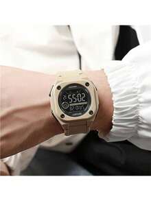 1pc Unisex High School Students Sports Waterproof Night Light Electronic Watch, Square Display, Black Screen - Apricot - View 5