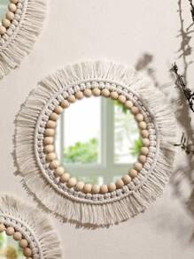 1pc Handmade Woven Boho Style Round Wall Mirror, Decorated With White Wooden Beads And Tassels, Wall Decor, Boho Style Wall Decor, Artisanal Design, High-Quality Wall Decoration, Acrylic Boho Mirror, Suitable For Room, Living Room, Kids Room - Beaded - View 9