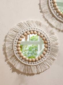 1pc Handmade Woven Boho Style Round Wall Mirror, Decorated With White Wooden Beads And Tassels, Wall Decor, Boho Style Wall Decor, Artisanal Design, High-Quality Wall Decoration, Acrylic Boho Mirror, Suitable For Room, Living Room, Kids Room - Beaded - View 8