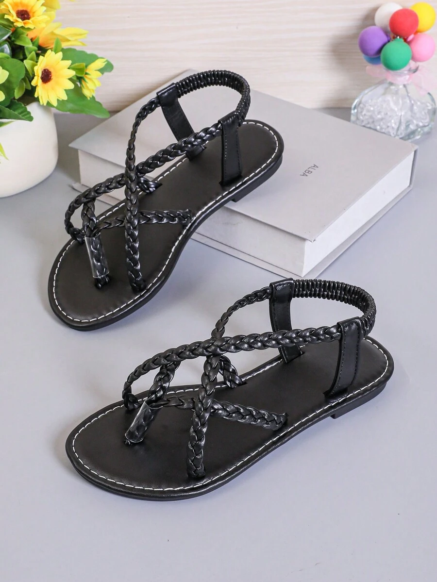 1双黑色加大码幼儿/儿童平底凉鞋，柔软PU编织交叉绑带，弹性后跟带，圆头，柔软防滑鞋底，时尚可爱，适合3-12岁男孩女孩，春夏款，沙滩/休闲穿着。 - 黑色 - 查看 1