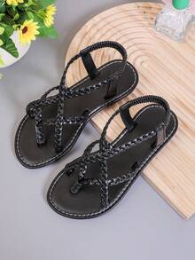 1双黑色加大码幼儿/儿童平底凉鞋，柔软PU编织交叉绑带，弹性后跟带，圆头，柔软防滑鞋底，时尚可爱，适合3-12岁男孩女孩，春夏款，沙滩/休闲穿着。 - 黑色 - 查看 1