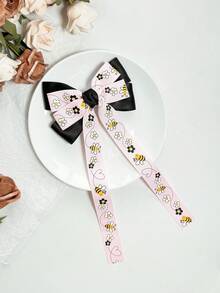 1入組女孩雙層蝴蝶結髮夾，帶有蜜蜂印花，夏季可愛時尚百搭髮飾，適用於最好的朋友、街頭風格、露營、學校季節