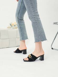 2024新款高跟涼鞋女款透氣柔軟針織厚跟鞋 - 黑色 - 查看 6