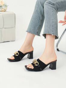 2024新款高跟涼鞋女款透氣柔軟針織厚跟鞋 - 黑色 - 查看 8