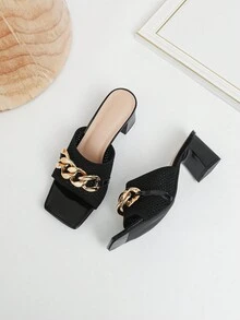 2024新款高跟涼鞋女款透氣柔軟針織厚跟鞋 - 黑色 - 查看 3