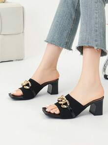 2024新款高跟涼鞋女款透氣柔軟針織厚跟鞋 - 黑色 - 查看 5