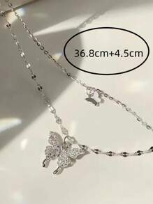 1pc INS Style Double-Layer Rhinestone Butterfly Design Women Necklace, Summer Dating Accessory - Silver - View 3