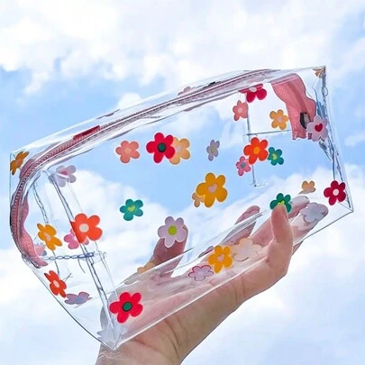 Estuche para lápices de gran capacidad con diseño floral - Bolsa de almacenamiento transparente y portátil perfecta para estudiantes, artistas y profesionales. Oficina, escuela, dibujo, estudiante, marcadores, artículos de papelería, útiles escolares, vuelta al cole