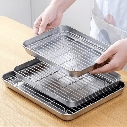 1 Set Stainless Steel Baking Sheet With Rack Set Cookie Sheet With Cooling Rack & Heavy Duty & Easy Clean