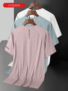 Women's Short Sleeve Round Neck Tee With Hem Letter Prints Casual Sports 3pcs Pack (Light Pink+Blue+White) Basic T Shirt Summer - Baby Pink - View 2