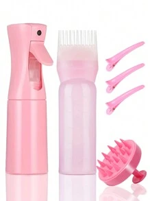 6入組洗髮護髮套裝，包括噴霧式連續噴霧瓶（200ml）、矽膠頭皮按摩器、洗髮刷、根梳塗抹瓶、帶夾子的頭皮按摩洗髮刷、劑量標記的染髮塗抹瓶