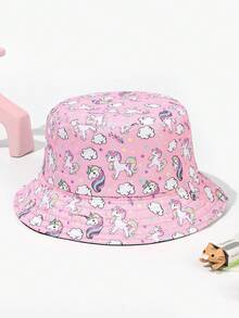 1pc Fashionable Spring/Summer Kids Hot Cartoon Unicorn Pattern Tie-Dye Printed Reversible Bucket Hat For Baby - A - View 1