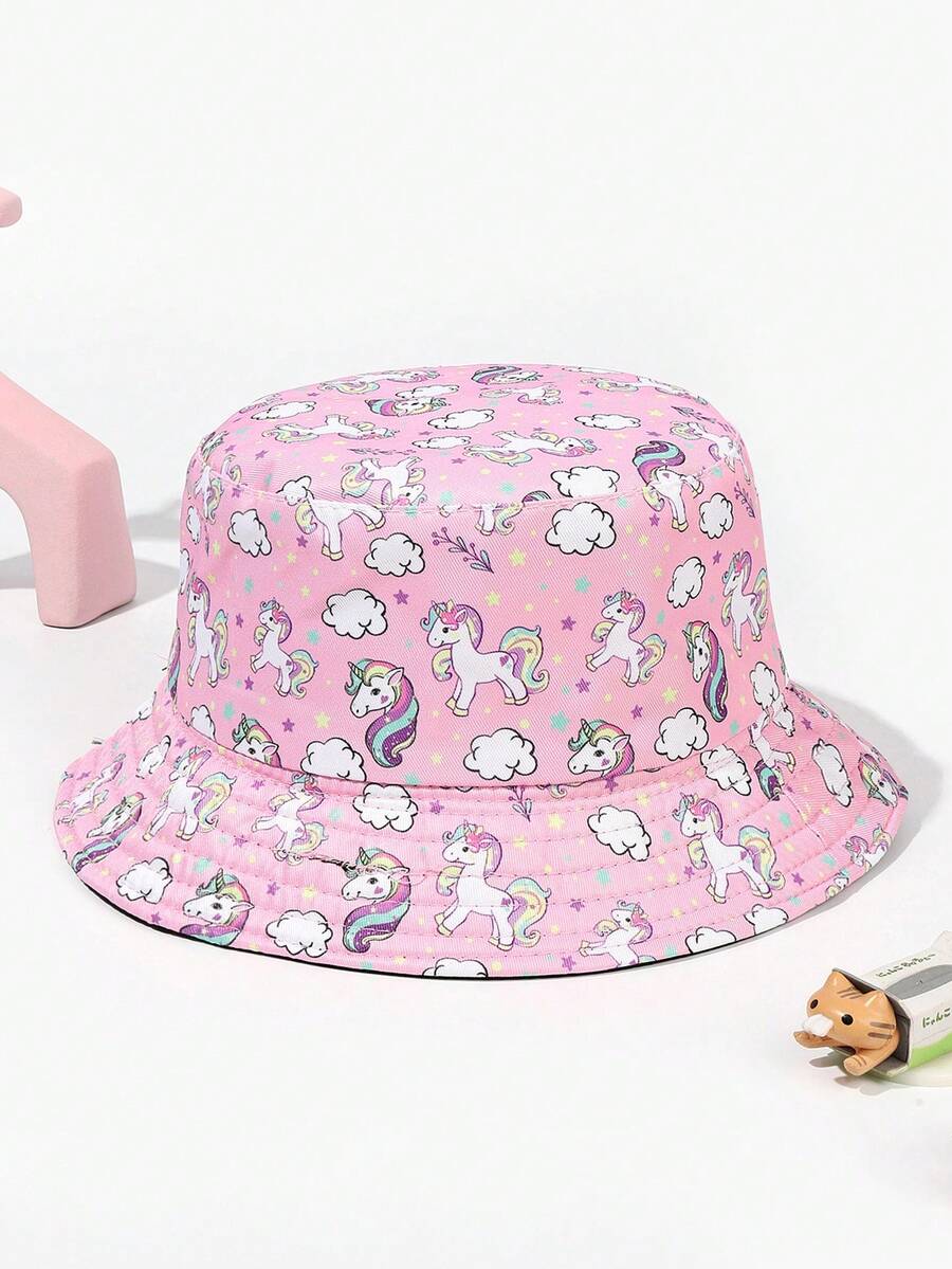 1pc Fashionable Spring/Summer Kids Hot Cartoon Unicorn Pattern Tie-Dye Printed Reversible Bucket Hat For Baby - A - View 1