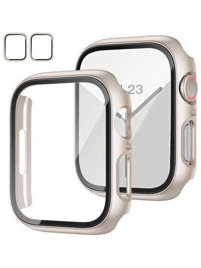2pcs Starlight Color PC + Tempered Glass Integrated Watch Case, Anti-Drop Stylish Casual Protective Cover, Compatible With Apple Watch 38/40/41/42/44/45/46/49mm, Compatible With Apple Watch Ultra/SE/11/10/9/8/7/6/5/4/3/2/1 Series, Smart Watch Accessories