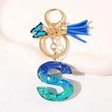 1pc Blauw Informeel Dames Schattig Kwastje Vlinderhanger Sleutelhanger Gradiënt Pailletten Letter Sleutelhangerhanger met glitter, Eerste detail - Geschikt als cadeau voor vrienden