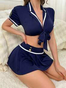 Police Costume Set For Women, Blue Police Style Sexy Lingerie, Skirt Included, Sexy Lingerie For Women, Lace Baby Doll, Attractive Women's Costume Sets - Màu xanh lam - Xem 1