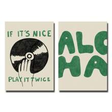 2pcs Set If It's Nice Play It Twice ALOHA Typography Retro Poster Print Green Black Music Art Canvas Painting Wall Picture For Living Room,Bedroom,Dorm,Home Decoration