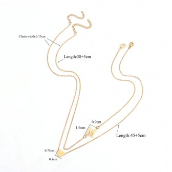 2Pcs/Set Classic Stainless Steel Heart Initial Pendant Chain Layered Necklaces For Women