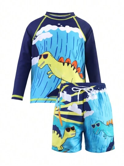 Conjunto de pantalón corto de baño y camiseta de protección solar de manga larga con estampado de dinosaurios de dibujos animados para niños