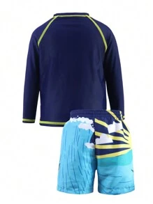 Young Boy Cartoon Dinosaur Print Swim Trunks And Long Sleeve Rash Guard Set - Multicolor - View 3