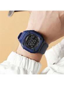 1pc Unisex High School Students Sports Waterproof Night Light Electronic Watch, Square Display, Black Screen - Apricot - View 3